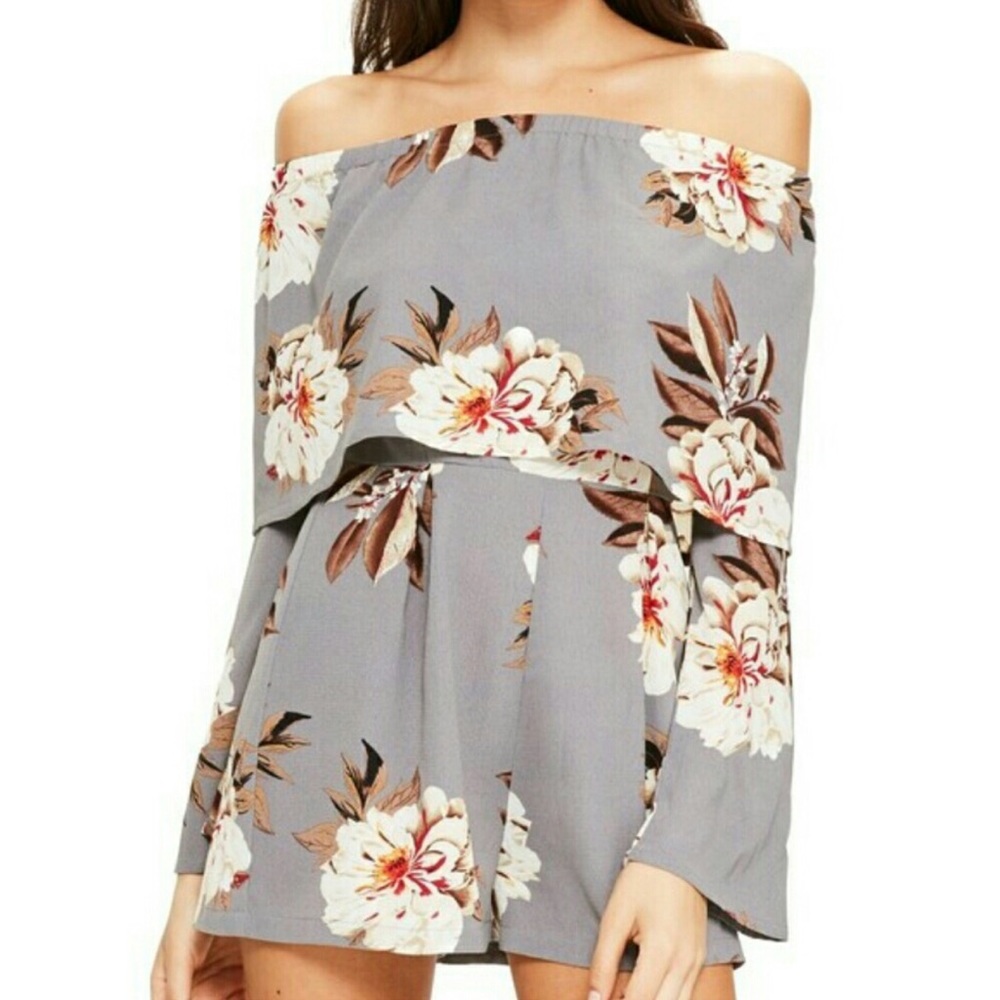 NWOT Grey Floral Off the Shoulder Romper
